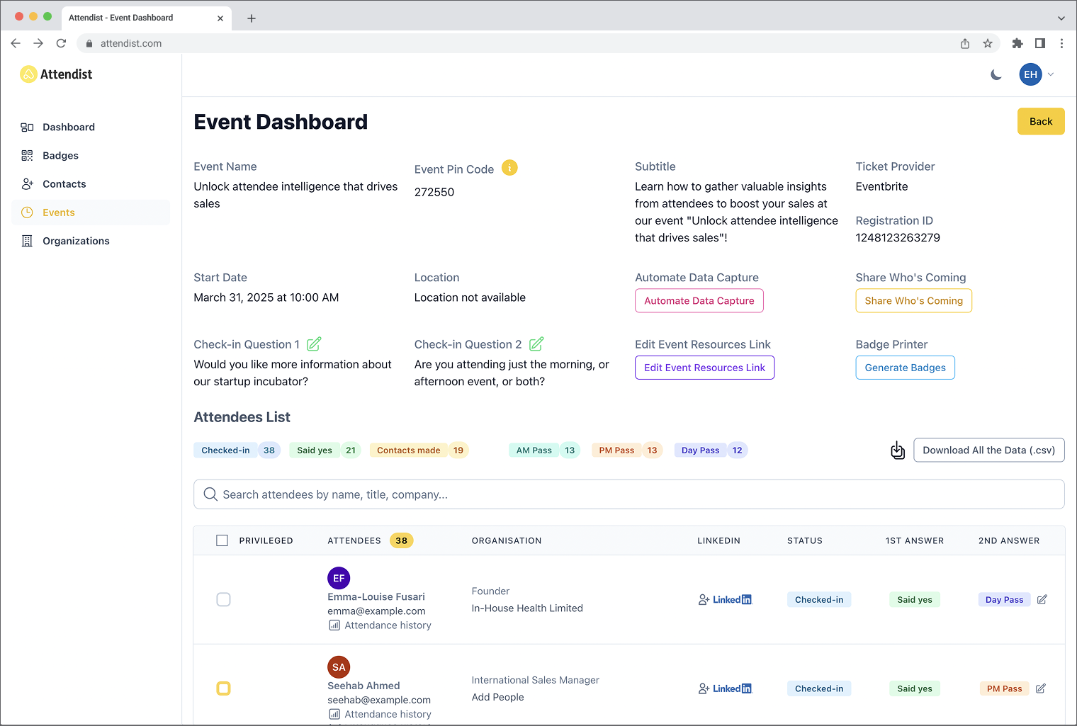 Image of Attendist Dashboard